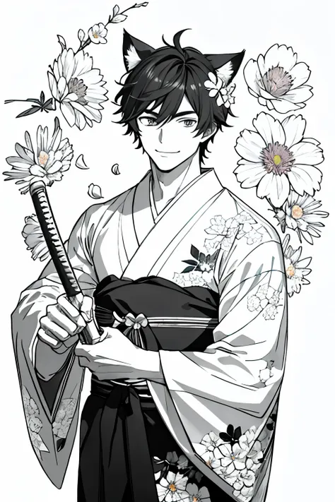 hair, petal, bouquet, Flower repair , Central flight, man with muscles and cat ears wearing kimono and having handsome face holding katana and smiling 