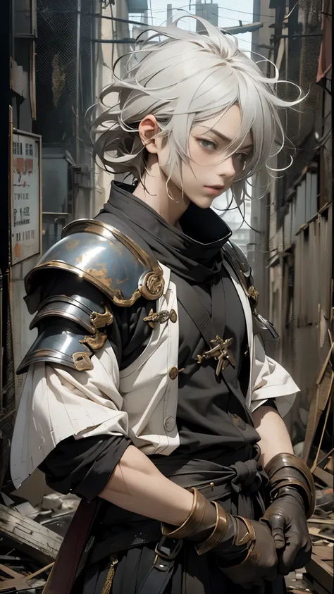Live Action、 Genuine、(((AS-Adult))), Demonstration , Handsome Ninja, Perfect Figure , Modern samurai , Wear gloves ,,It is made with protective equipment, upper body、Ruined Temple , In the case of a high resolution poster , straight hair , Minimum c...