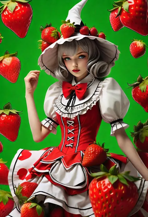 whole body、、、sleep、sleep、lie、 lies down、to ridicule、、 Girl Eating Strawberries 、 Lots of Strawberries 、Flying Strawberries 、  Anime Witch Design ,  Heart Sign,  Red Strawberry Hat 、 strawberry pattern maid suit、 Apron and Katyusha Design,, Love Style, Full...