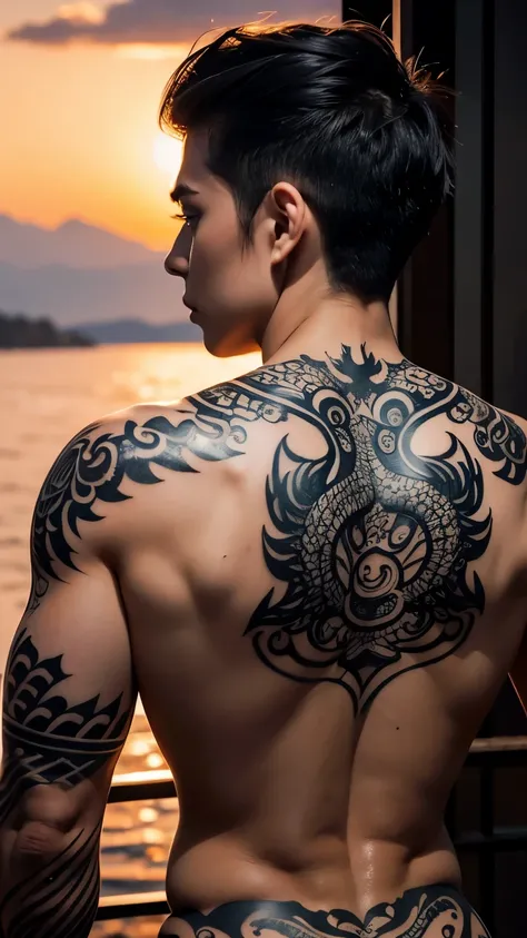 One man with a large tattoo on his back　Create a black and white tattoo design featuring a traditional Asian dragon with intricate scales and fierce expression, coiling through clouds with the sun setting in the background, all rendered in fine line detail...