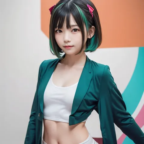 ((Live 2D)) masterpiece,  1 girl, １０age、Young、 full body,  standing straight , steampunk costume, uniform,  viewers,  detailed face , girl with green  wave hair, bangs, ,  gradation hair ,  Multi Colored Hair , Light green hair,  Turquoise Hair Tips,  wave...