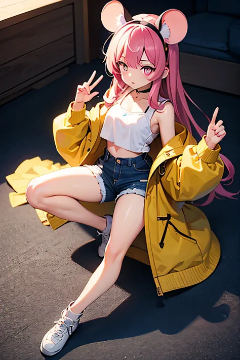 Ais pose， 1girls，Yellow jacket,White midriff shirt,shorts jeansgreen eyes, green hair, flat chested,lin yuxia,animal ears,long hair,mouse ears,pink hair,hairband,bangs,pink eyes,purple eyes, full body, full_body