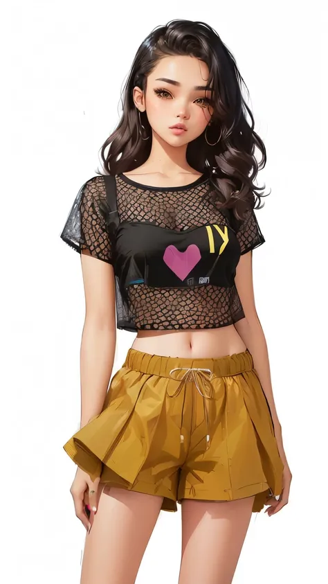 a drawing of a girl wearing a short pants. like night pajamas short pants. short bottom has wavy lineup .and top with a heart on it, croptop, wearing crop top, wearing a crop top, crop top, wearing a cropped top, with ripped crop t - shirt, wearing a cropp...