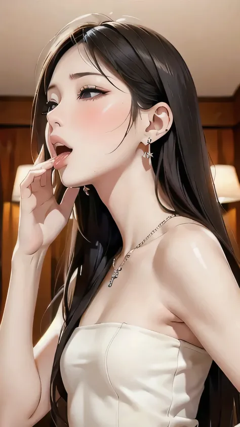 fellatio pose、blush、 Half Open Eyes 、Half-open mouth、Long hair gets messy、night hotel background 、Hand in front of mouth、Raise your chin and look at the ceiling、Small earrings、 thin due to small things necklace、Super fair skin、(masterpiece, top quality :...
