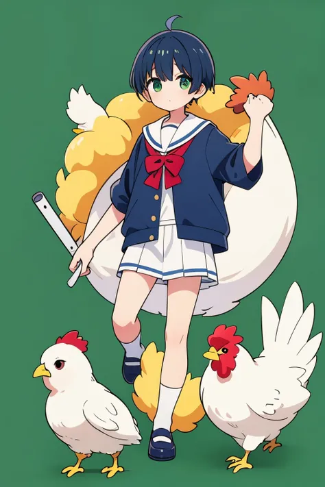 1MAN, CHICKEN, SAILOR OUTFIT, CUTE, GREEN BACKGROUND, FULL BODY