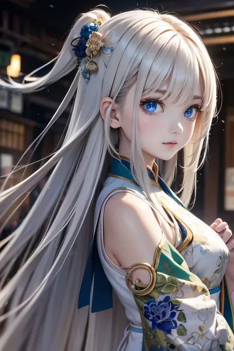 masterpiece,  top quality ,  Official Art, 8k wallpaper,  very detailed,  illustration, ((1 person)),   detail eyes ,  blue eyes, green gradation hanfu,  Intricate Fretwork ,   Dynamic Poses, (Rainbow long hair:1.1), (White Hair:1.2), Floating Hair,   East...