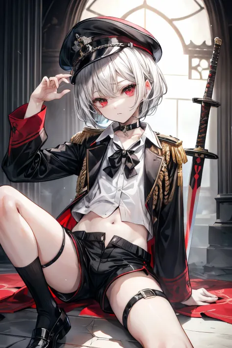 ((최고의 품질)), ((걸작)), (상세한), 완벽한 얼굴, SOLO, 1 BOY, SHOTA, ANIME, beautiful detailed eyes, BOB hair, white hair, red EYES, BARE thighs, (((BARE LEG))), ((BLACK short pants)), (((dress shirt))), ((MID DRIFF)), Flat chest, Choker, expressionless, (Thigh strap), ...