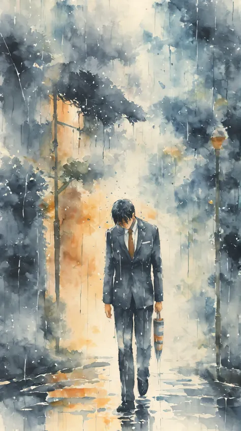 watercolor painting of a man in suit in the rain. full body shot of the man who is soaked under the rain. he tilts his head up to face the rain, the rainwater flows down his face. he is walking in the street, holding his hands out to feel the rain. waterco...