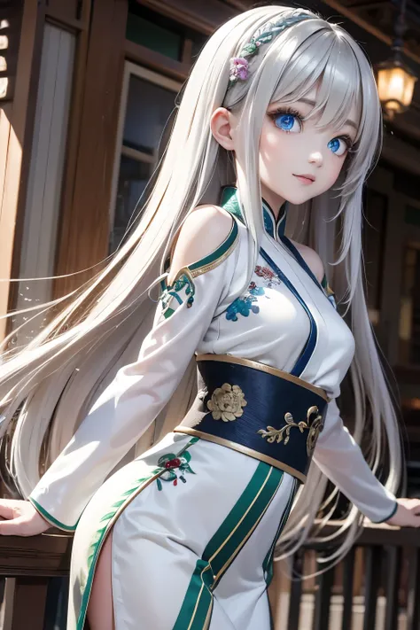 masterpiece,  top quality ,  Official Art, 8k wallpaper,  very detailed,  illustration, ((1 person)),   detail eyes ,  blue eyes, green gradation hanfu,  Intricate Fretwork ,   Dynamic Poses, (Rainbow long hair:1.1), (White Hair:1.2), Floating Hair,   East...