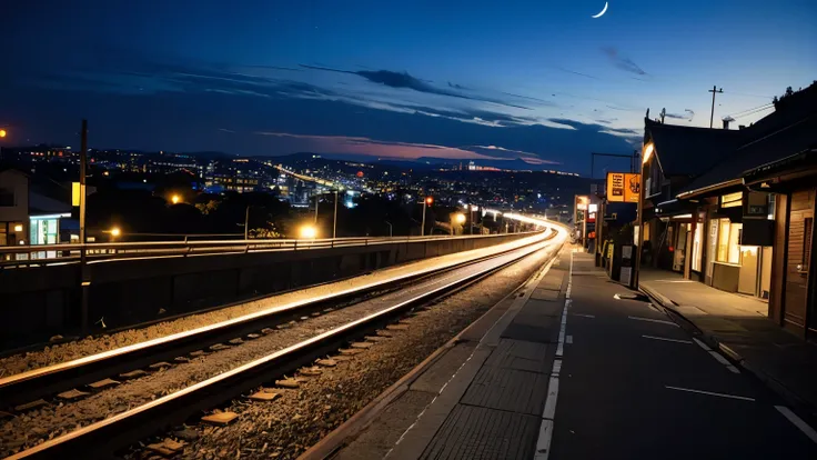  Photorealism、 top quality 、超A high res,  8K Ultra HD ,  high res、 top quality 、Japanese,Pale Glowing Streetscape,From the train window, night view