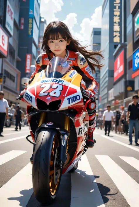 ( top quality,4K,   high res ,masterpiece:1.2),   realistic  , 1 girl,   Moisturized Eye   , (  Silver Hair)  mature, Hypnotic eyes, Hypnotic,   mole under eye, A teenage Japanese woman is riding a Honda Repsol MotoGP motorcycle,  knocking over her motorcy...