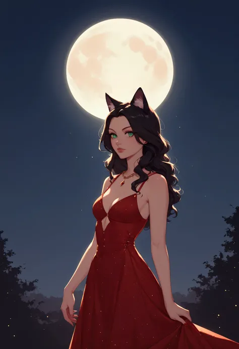 score_9, score_8_up, score_7_up, score_6_up, score_5_up, score_4_up, a picture of a beautiful woman, with cat ears, long hair, feline green eyes, wearing black black and red dress, studded with diamonds,  small cleavage, it is night, the moon in the sky, m...