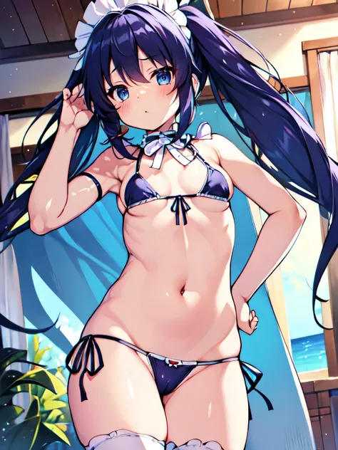 masterpiece, (best quality), (high resolution), Ultra-HD, (high definition), anime, solo girl, (head dress)maid, (cobalt blue)(bikini)(micro bikini), (covered nipples)erect, narrow constricted waist, (bare hips), (small hips), (thin hips), (bare thighs), (...