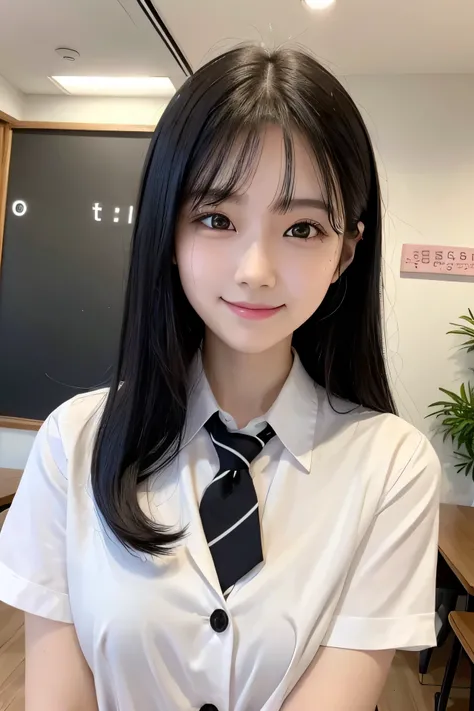  black hair, long,smile, 25 year old woman, looking at camera, white skin due to magic, school uniform, Inside the Coffee Shop,　