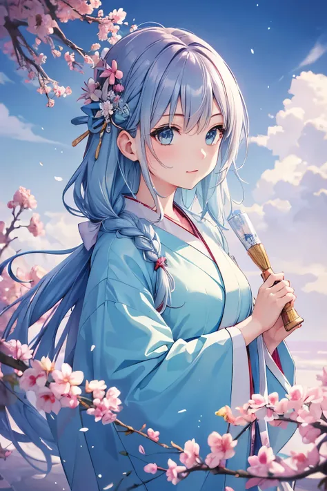  girl 、Young face、 hair is pastel blue、 longhair 、 kimono、kimono、biological structure 、 ephemeral atmosphere、 mystical background 