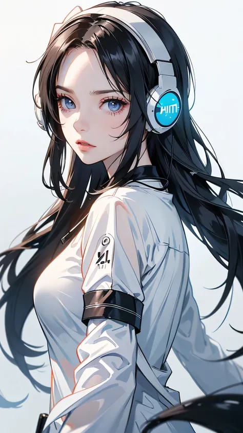 Close-up facing me, long Black messy hair, gray eyes anime badass woman in anime art, ((white headphones, white techwear clothes, has the name "sxlt" as in salt on the side of the headphones)), gray background, nightcorer