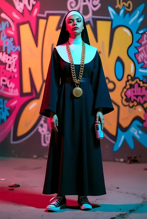 At the center of the image stands a nun, dressed in a classic habit, but with a bold modern twist—she’s wearing sneakers instead of traditional shoes, and her arms are adorned with thick gold chains. In one hand, she holds a microphone, and in the other, a...