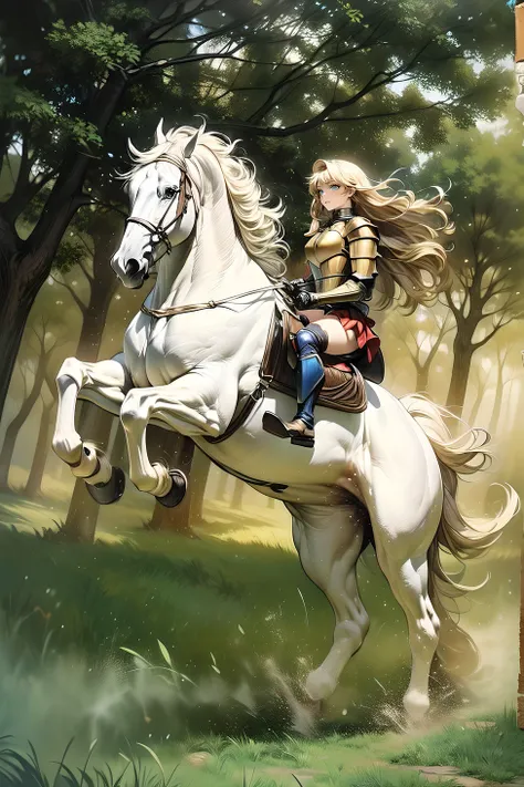 ((best quality)), ((anime masterpiece)), (high detailed), 8k, cinematic lighting, perfect face, large breast, cleavage, (((female knight riding on a WHITE HORSE)), (1girl navia, bangs, long hair, {blonde hair}, blue eyes), (breastplate, shoulder pads, mini...