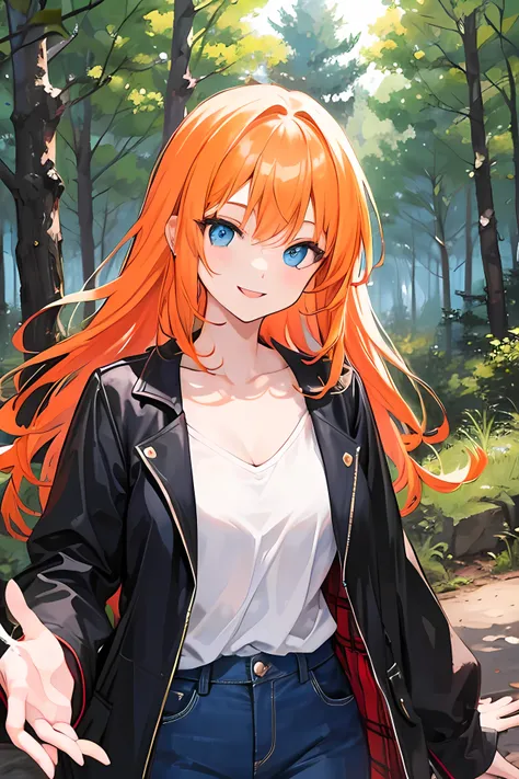  orange hair, blue eyes, long hair, young girl, forest background, modern style , casual clothes, an attack with cool smile