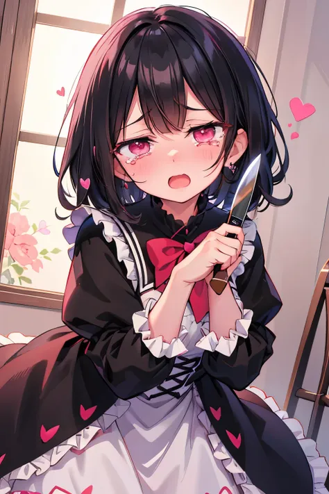 (dark taste:1.1), upper body, 1girl, (Yandere, Menhera:1.2), loli, looking at viewer, face focus, black Hair, short hair, wavy hair, pink Eyes, (with heart-shaped irise), Eyes Shining, (There are hearts in my eyes), (envy:1.2), troubled eyebrows, open mout...