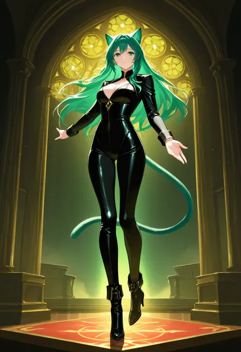 score_9, score_8_up, score_7_up, score_6_up, score_5_up, score_4_up, a picture of a beautiful burglar woman, with cat ears, long hair, feline green eyes, dynamic hair color, dynamic hair style, ultra detailed face, wearing black leather leotard, black leat...