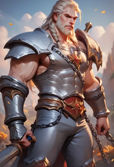 1 man,  Thor from Marvel Rivals ,  Thors armor from Marvel Rivals , long blond wheat hair, beard, Steel wristbands, steel boots ,  chain pants. steel breastplate