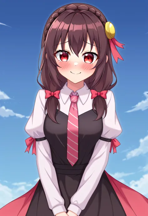 yunyun,Yunyun、1 person、solo、 high image quality、 embarrassed smile、blue sky、 red and white striped tie、 red eyes