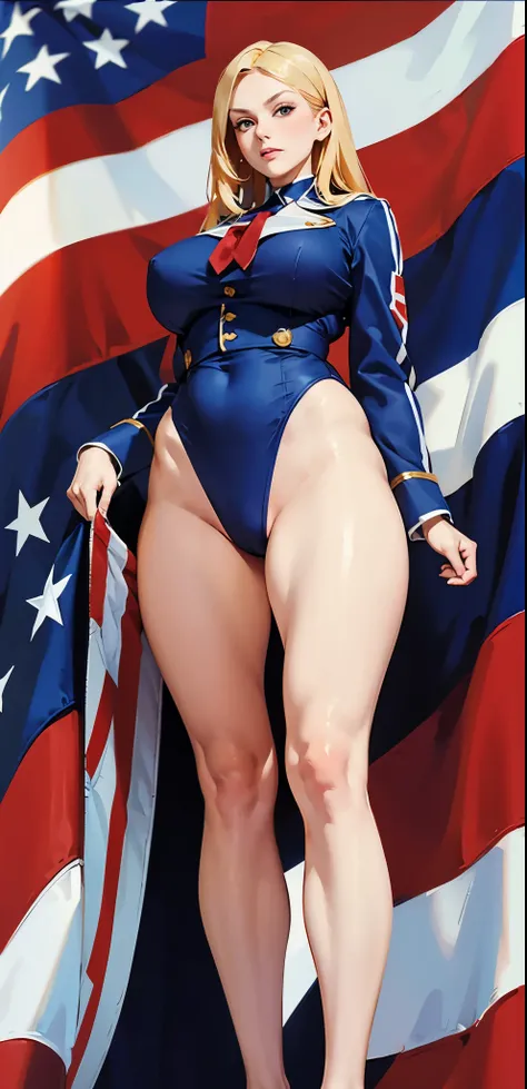 Slavic beauties，masterpiece, Highly Detailed , natural light, actual ,The view is from below, Giantess as tall as the American flag,, a mole under her left face  , fair skin,blond,in heat ,naughty,whole body ,  golden ratio body ,plump, actual  skin textur...