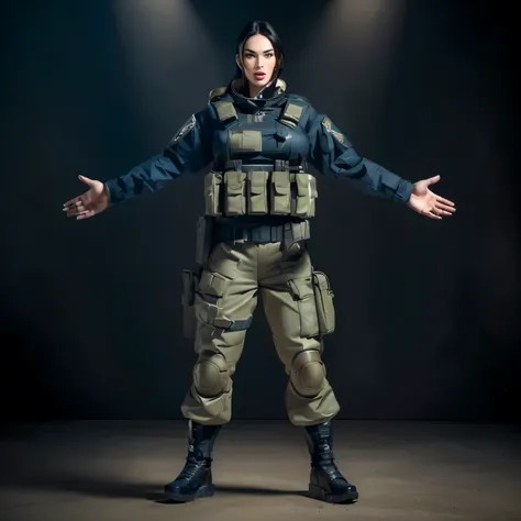 woman megan fox face,enlarge her eyes, serious facial expression, robust appearance, with arms outstretched, full body single character, photorealistic body, full body portrait, full body cinematic photo, full body single character, character, standing mod...