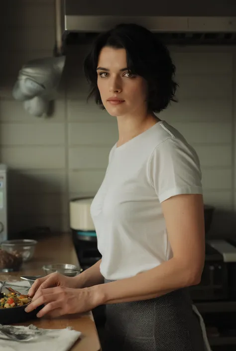 Rachel weisz, short black hair, cute actress, brown eyes, beautiful face, supermodel face, amazing eyes, (white t-shirt, grey pencil skirt), inside a kitchen, cooking food, realistic image, photoshoot, enhanced details, standing straight