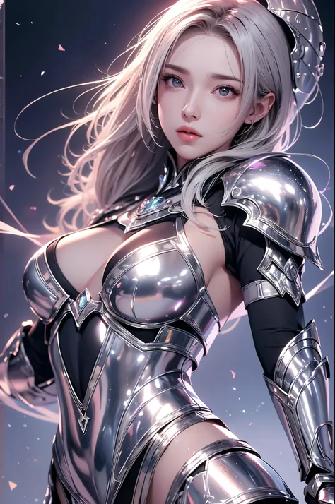 Realistically,  high res,  soft lighting ,  one woman, Alone,  hip lift ,  Dynamic Poses, Glossy Skin, gem, Knights Armor