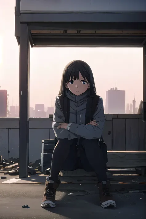 a sad young woman in a tattered hobo outfit, sitting alone on a street in an Iranian city, shattered buildings in the background, atmospheric lighting, cinematic composition, high detail, photorealistic, muted color palette, chiaroscuro lighting, winter