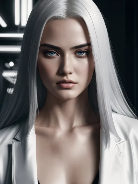 Art work,  highest quality , (Alone focus), ( perfect face :1.1), (high detail:1.1), (hyper-detailed eyes), dramatic, A guy with pale skin and long voluminous black hair,  White eyes, Alone,  long hair , Sephiroth, lua, night,  luxury white suit , covered ...