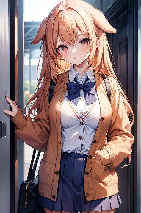 dog girl，slender，  breasts out，jolly，Copper tone，school uniform, cardigan