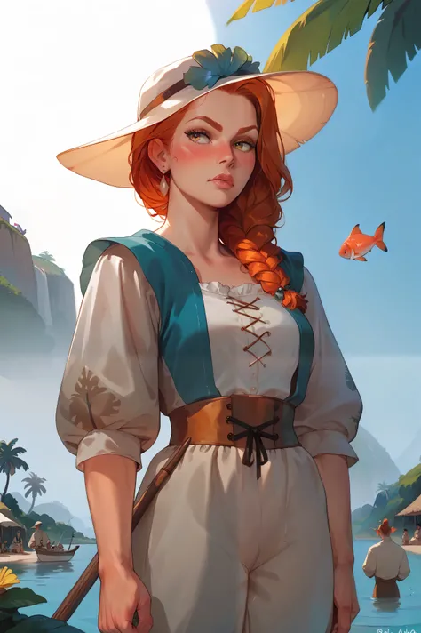  fish people with tattered clothes. suspicious .  medieval fishing village .  warm tropical island . 