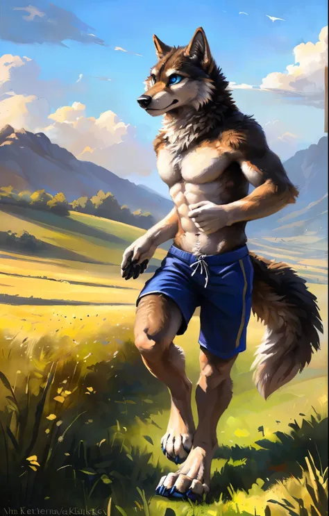 ((Solo)), male people, anthro wolf, (Multi-colored fur, White-brown:1.3，White tail pointed), (Height 2.1m,Tail length 1.2m), ((Wolf face, Big eyes, White eyelids, Blue pupil, Slim:1.2) (Tough, Calm expression:1.2)), Abs, Slim, pinging)), (Correct anatomy),...