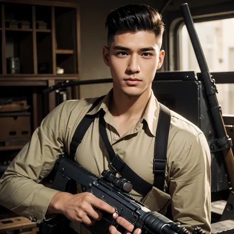 Handsome face , flat top hair, holding a machine gun,look at front