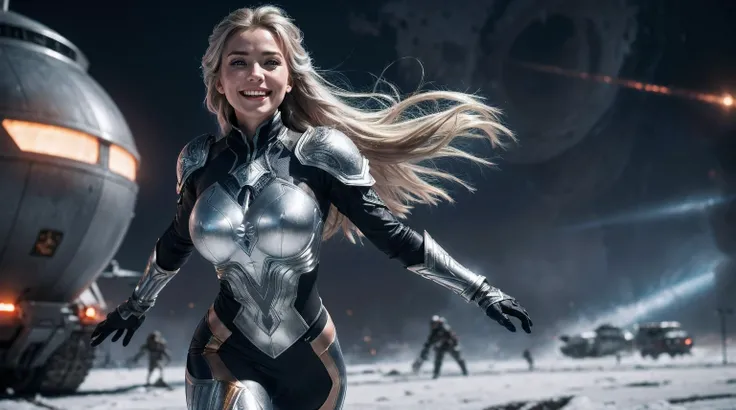 An ultra-realistic cinematic scene in frozen futuristic city. The scene is of her running away from a huge exploding spaceship. her strong physique glistening with sweat and remnants of battle. She has long flowing silver hair with bright highlights that f...