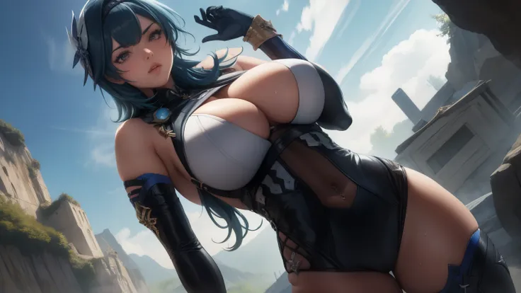 1girl, huge breasts, blue hair, golden eyes, staring coldly, show off armpits, long hair, body curves, landscape (best quality,4k,highres,masterpiece:1.2),ultra-detailed, dramatic lighting, vibrant colors, cinematic, eula outfit, sweaty armpits, bright ski...