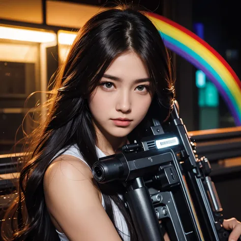 Beautiful face , rainbow glow long hair, holding a machine gun,look at front