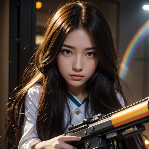 Beautiful face , rainbow glow long hair, holding a machine gun,look at front