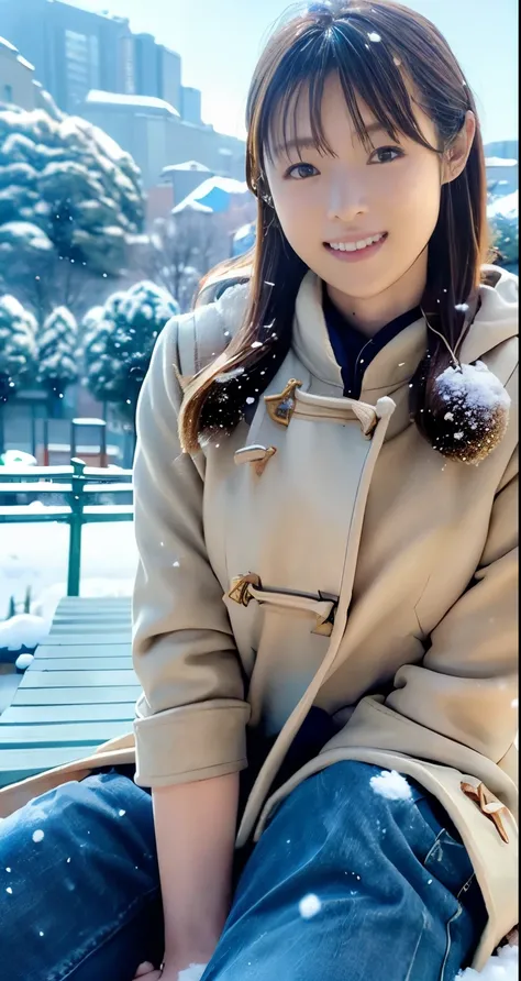 (8k,  RAW photos ,  Photorealistic , HQ, masterpiece), Japanese girl with a cute smile ,(Shining Eyes),The white breath you exhale is impressive ,((( sit on a bench and grip hot canned coffee with a thankful smile ))),(Full power smile :0.4), brown, smooth...