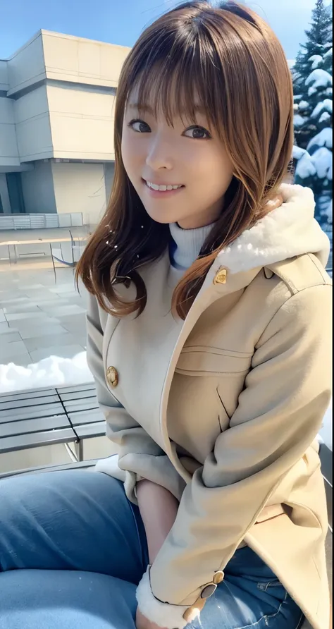 (8k,  RAW photos ,  Photorealistic , HQ, masterpiece), Japanese girl with a cute smile ,(Shining Eyes),The white breath you exhale is impressive ,((( sit on a bench and grip hot canned coffee with a thankful smile ))),(Full power smile :0.4), brown, smooth...