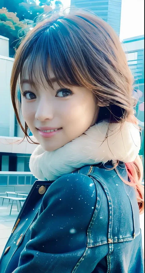 (8k,  RAW photos ,  Photorealistic , HQ, masterpiece), Japanese girl with a cute smile ,(Shining Eyes),(((Red at dusk is strong natural light))),The white breath you exhale is impressive ,((( sit on a bench and grip hot canned coffee with a thankful smile ...