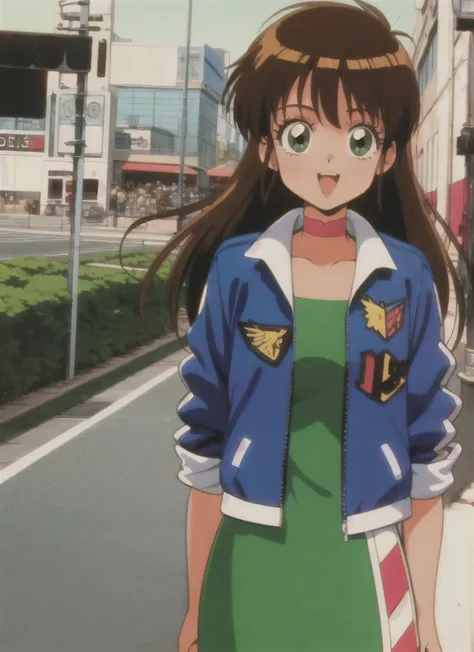 Asusdol,1 girl, Alone, heart, hair ornament, green eyes、 jacket, Green Dress, retro art style for stilets, open mouth, 1990s ( style for stilets), looking at viewer, smile, outdoors on the street at night, null, cowboy shot, clevis cut out, race queen