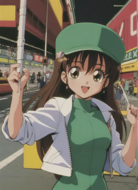 Asusdol,1 girl, Alone, heart, hair ornament, green eyes、 jacket, Green Dress, retro art style for stilets, open mouth, 1990s ( style for stilets), looking at viewer, smile, outdoors on the street at night, null, cowboy shot, clevis cut out, race queen