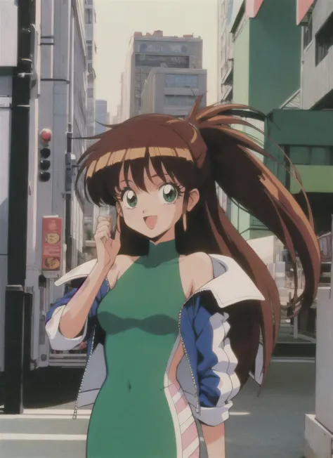 Asusdol,1 girl, Alone, heart, hair ornament, green eyes、 jacket, Green Dress, retro art style for stilets, open mouth, 1990s ( style for stilets), looking at viewer, smile, outdoors on the street at night, null, cowboy shot, clevis cut out, race queen