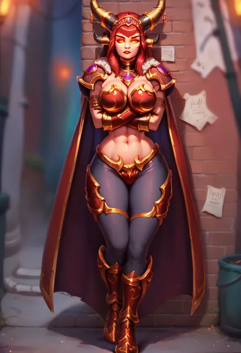 (masterpiece, best quality:1.1), 1girl, solo, AlexBase, orange eyes, glowing eyes, red lipstick, gold-lined horns, long eyebrows, large breasts, tiara, armlet, chest armor, midriff, pants, greaves, gauntlets, wide hips, gem shoulder pads, fur trim, red cap...