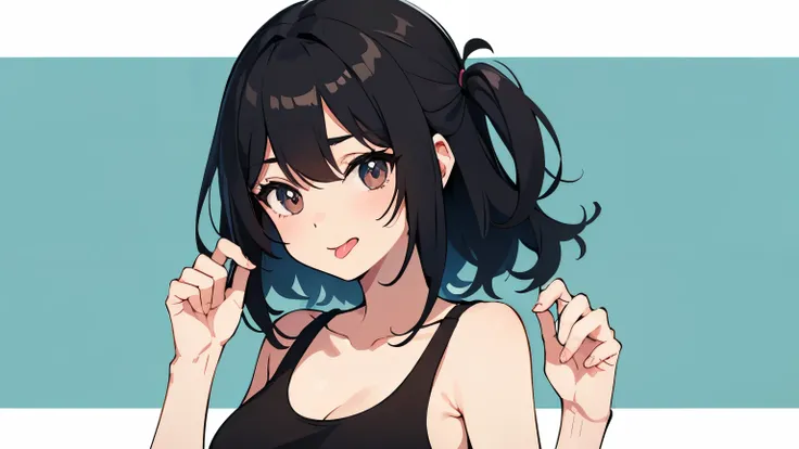 A cute girl with black hair wearing a tank top. Only one person in the illustration. Plain background. Bust-up illustration. sticking out tongue