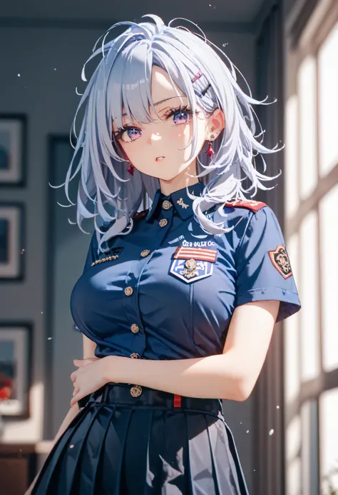 uniform、 is in the middle of taking off her skirt、big breasts, belly button、Droopy eyes、Dull woman 、 has pimples under the eyes 、messy hair, 